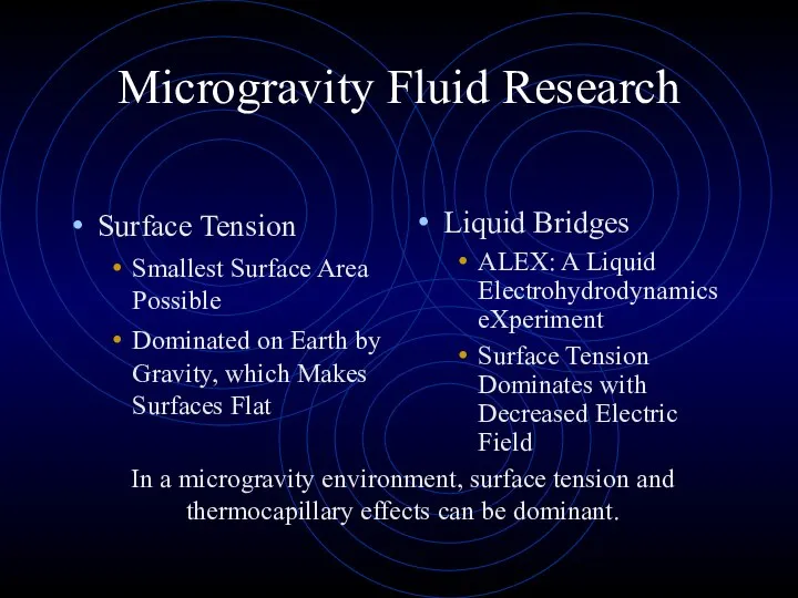 Microgravity Fluid Research Surface Tension Smallest Surface Area Possible Dominated on