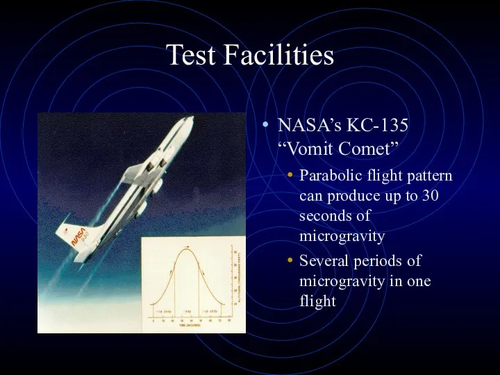 Test Facilities NASA’s KC-135 “Vomit Comet” Parabolic flight pattern can produce