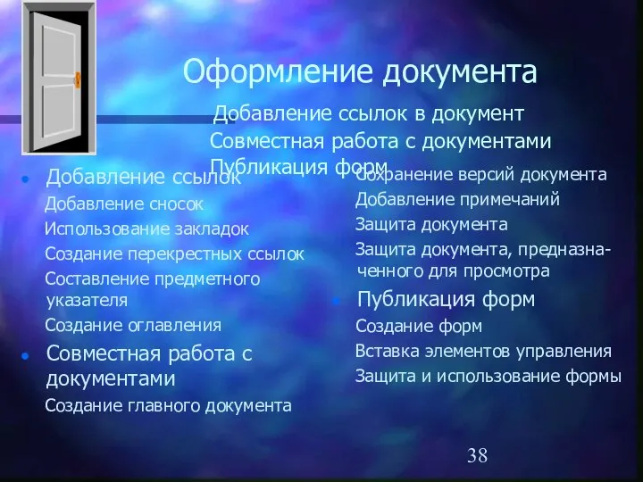 Оформление документа Добавление ссылок в документ Совместная работа с документами Публикация