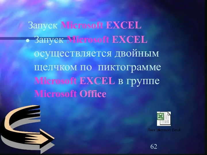 Запуск Microsoft EXCEL осуществляется двойным щелчком по пиктограмме Microsoft EXCEL в