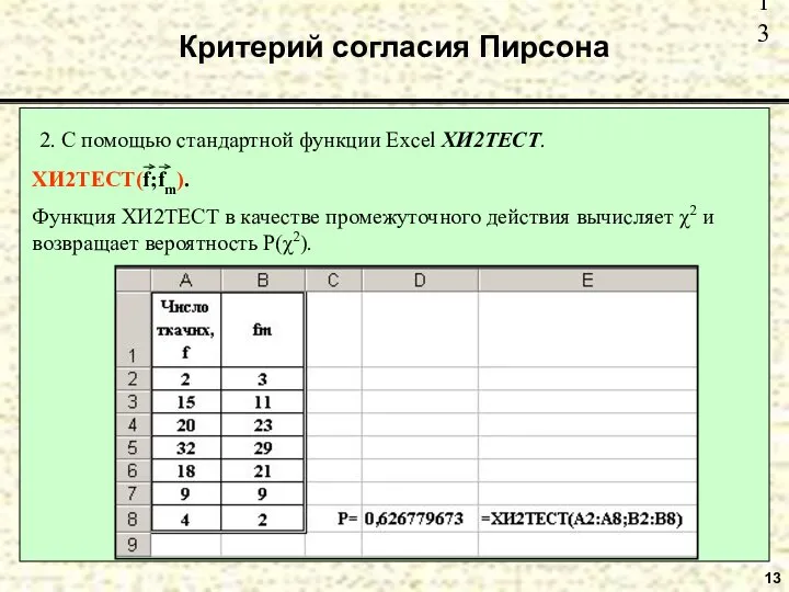 13 Критерий согласия Пирсона 2. С помощью стандартной функции Excel ХИ2ТЕСТ.