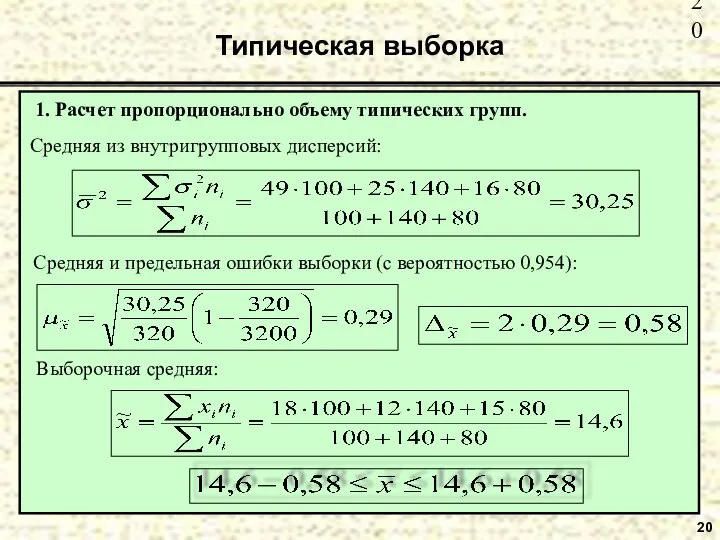 20 Типическая выборка 1. Расчет пропорционально объему типических групп.