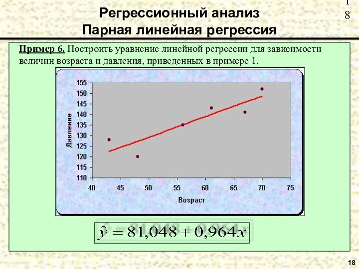 18 Пример 6. Построить уравнение линейной регрессии для зависимости величин возраста