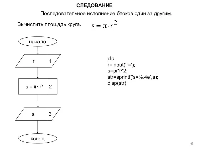 СЛЕДОВАНИЕ Последовательное исполнение блоков один за другим. Вычислить площадь круга. конец clc r=input(‘r=‘); s=pi*r^2; str=sprintf('s=%.4e‘,s); disp(str)