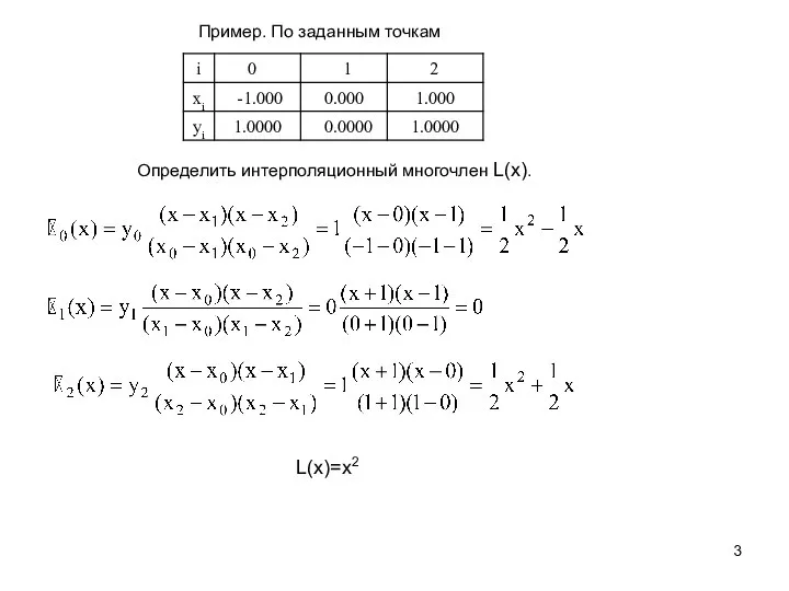 Пример. По заданным точкам Определить интерполяционный многочлен L(x). L(x)=x2