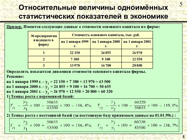 Относительные величины одноимённых статистических показателей в экономике 5 Пример. Имеются следующие