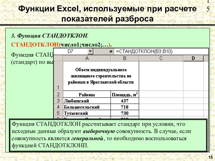 15 Функции Excel, используемые при расчете показателей разброса 3. Функция СТАНДОТКЛОН.