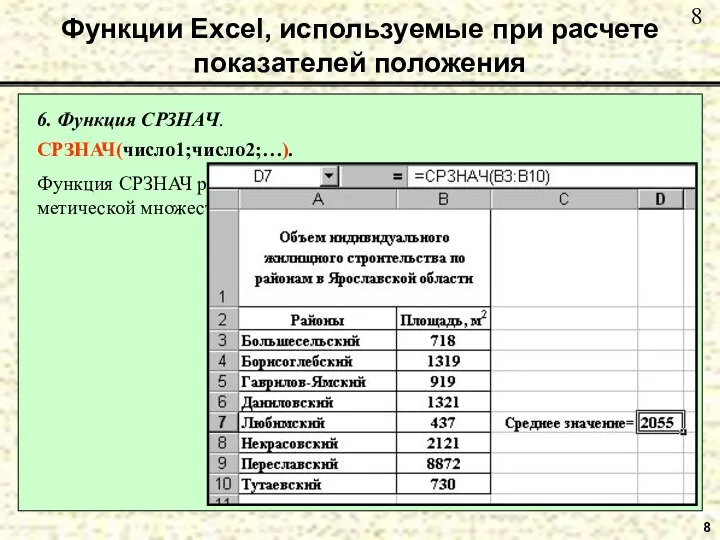 8 6. Функция СРЗНАЧ. СРЗНАЧ(число1;число2;…). Функция СРЗНАЧ рассчитывает значение невзвешенной средней