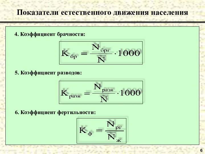 6 Показатели естественного движения населения 4. Коэффициент брачности: