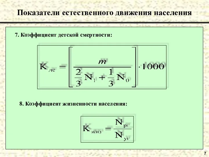 7 Показатели естественного движения населения 7. Коэффициент детской смертности: 8. Коэффициент жизненности населения: