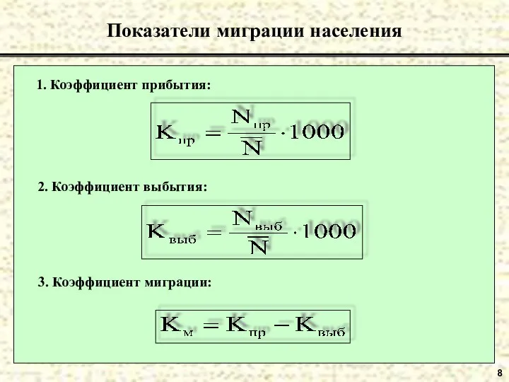 8 Показатели миграции населения 1. Коэффициент прибытия: 2. Коэффициент выбытия: 3. Коэффициент миграции: