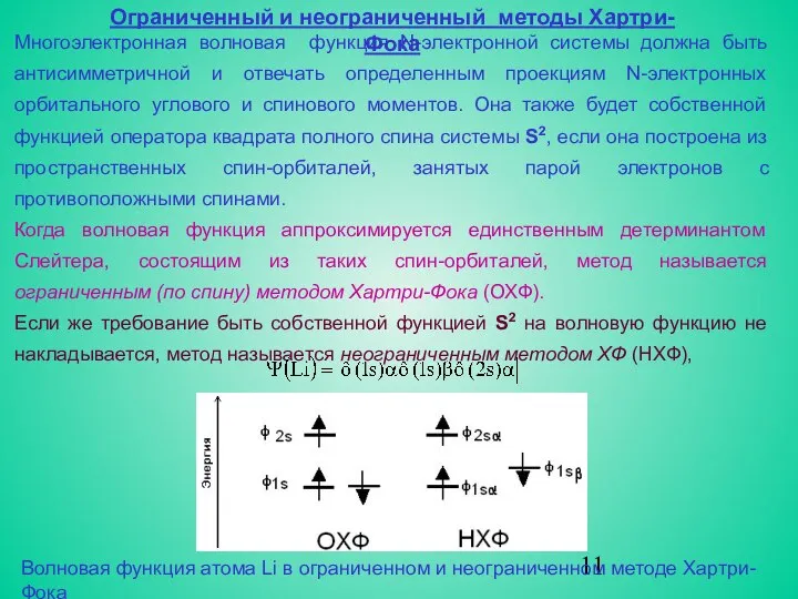 Ограниченный и неограниченный методы Хартри-Фока Многоэлектронная волновая функция N-электронной системы должна