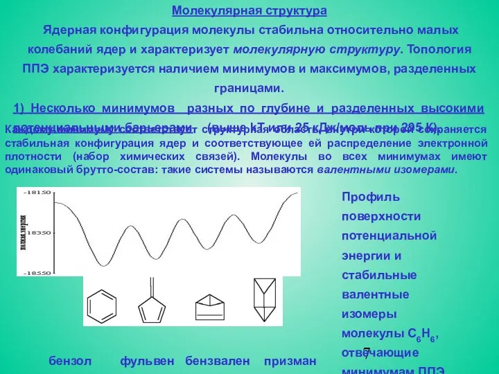 Молекулярная структура Ядерная конфигурация молекулы стабильна относительно малых колебаний ядер и