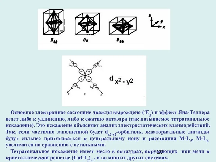 Основное электронное состояние дважды вырождено (2Eg) и эффект Яна-Теллера ведет либо