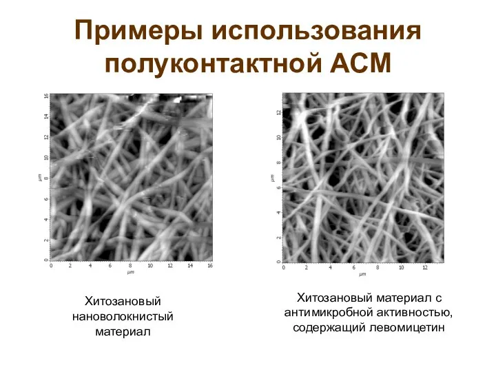 Примеры использования полуконтактной АСМ Хитозановый нановолокнистый материал Хитозановый материал с антимикробной активностью, содержащий левомицетин
