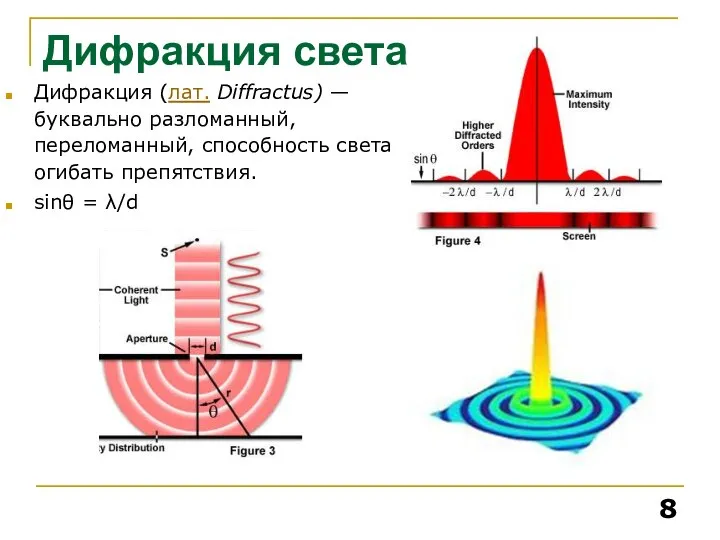 Дифракция света Дифракция (лат. Diffractus) — буквально разломанный, переломанный, способность света огибать препятствия. sinθ = λ/d