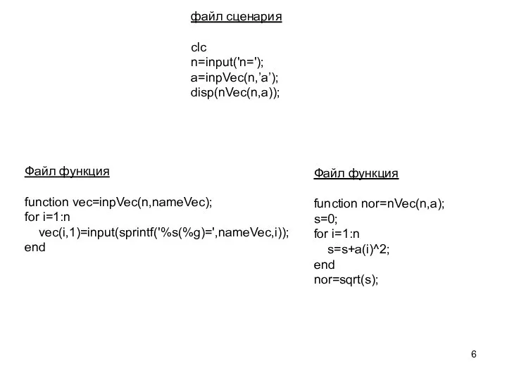 файл сценария clc n=input('n='); a=inpVec(n,’a’); disp(nVec(n,a)); Файл функция function vec=inpVec(n,nameVec); for