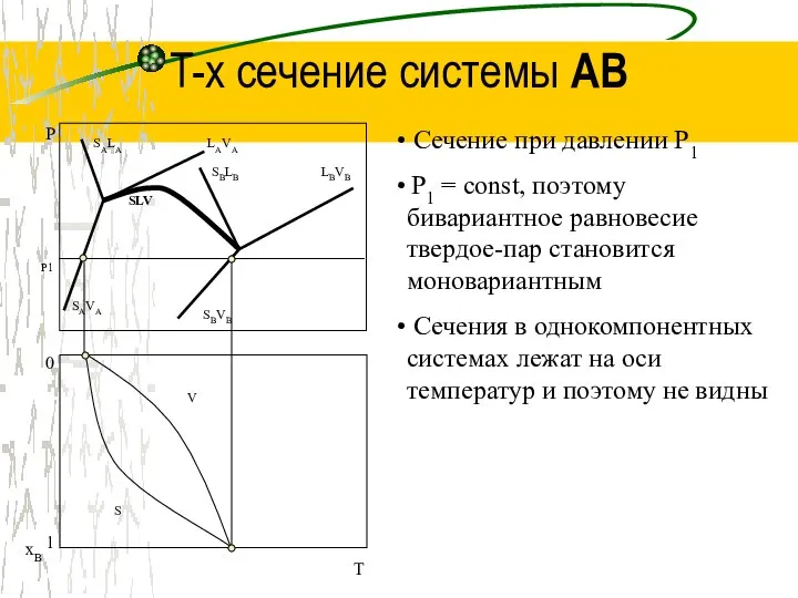 T-x сечение системы AB xB T 1 0 S V P1