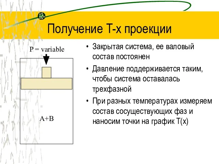 Получение T-x проекции Закрытая система, ее валовый состав постоянен Давление поддерживается