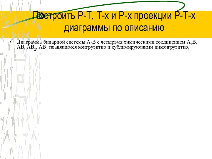 Построить Р-Т, Т-х и Р-х проекции Р-Т-х диаграммы по описанию Диаграмма