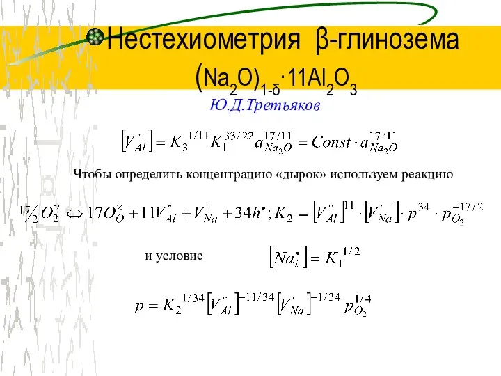 Нестехиометрия β-глинозема (Na2O)1-δ·11Al2O3 Ю.Д.Третьяков Чтобы определить концентрацию «дырок» используем реакцию