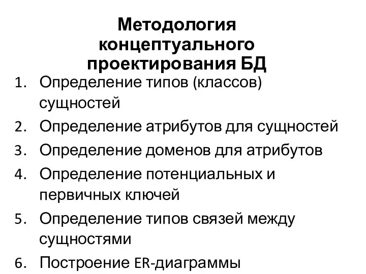 Методология концептуального проектирования БД Определение типов (классов) сущностей Определение атрибутов для