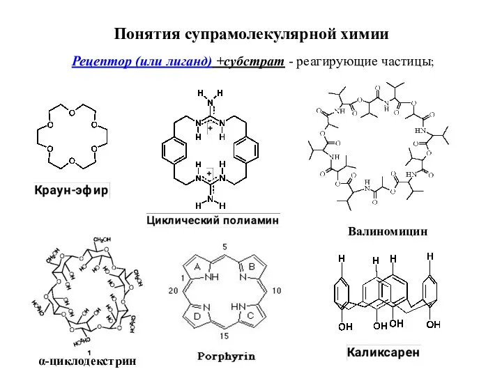 Понятия супрамолекулярной химии Рецептор (или лиганд) +субстрат - реагирующие частицы; Валиномицин α-циклодекстрин