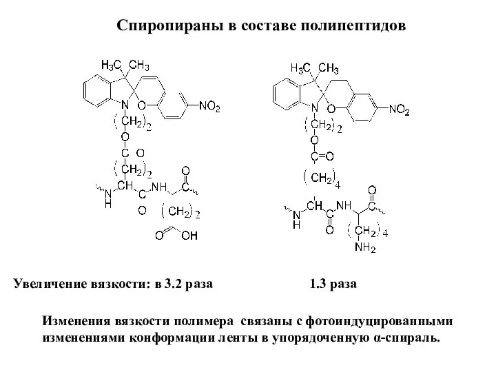 Спиропираны в составе полипептидов Изменения вязкости полимера связаны с фотоиндуцированными изменениями