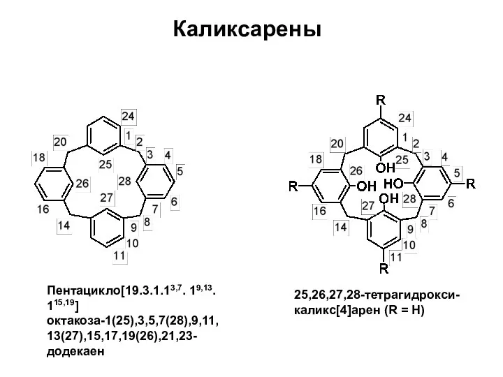 Каликсарены Пентацикло[19.3.1.13,7. 19,13. 115,19]октакоза-1(25),3,5,7(28),9,11,13(27),15,17,19(26),21,23-додекаен 25,26,27,28-тетрагидрокси- каликс[4]арен (R = H)