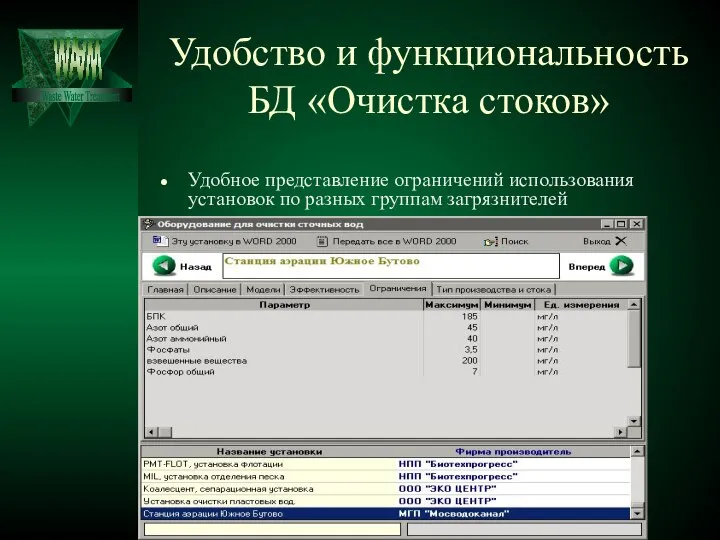 Удобство и функциональность БД «Очистка стоков» Удобное представление ограничений использования установок