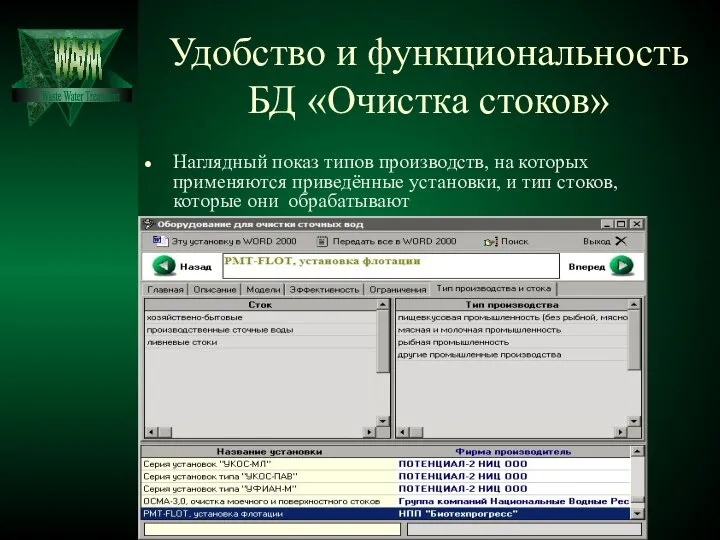 Удобство и функциональность БД «Очистка стоков» Наглядный показ типов производств, на