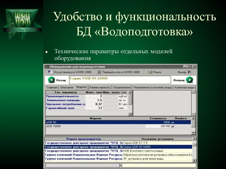 Удобство и функциональность БД «Водоподготовка» Технические параметры отдельных моделей оборудования Waste Water Treatment