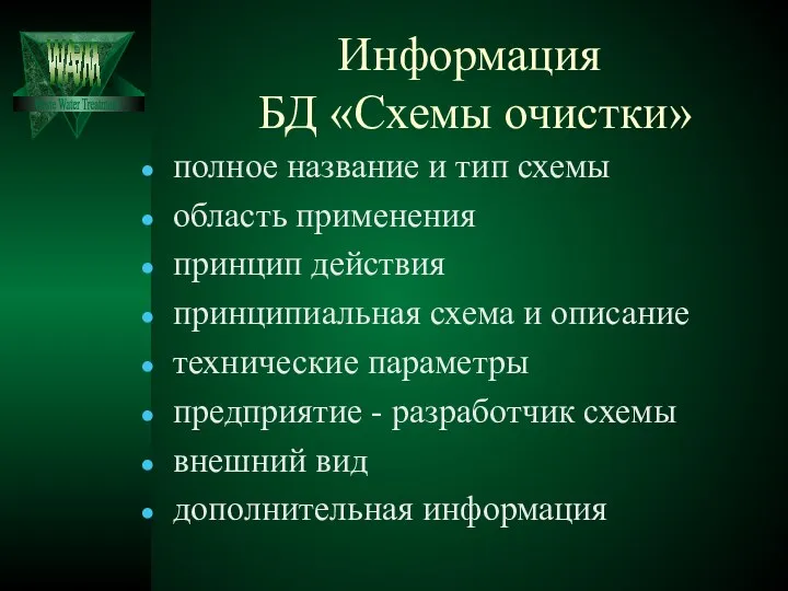 Информация БД «Схемы очистки» полное название и тип схемы область применения