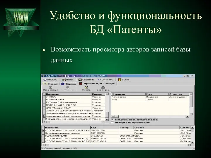 Удобство и функциональность БД «Патенты» Возможность просмотра авторов записей базы данных Waste Water Treatment