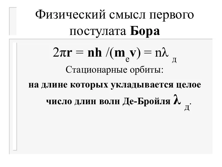 Физический смысл первого постулата Бора 2πr = nh /(mеv) = nλ