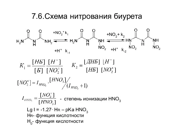 7.6.Схема нитрования биурета +NO2+ k1 +H+ k-1 +NO2+ k2 +H+ k-2