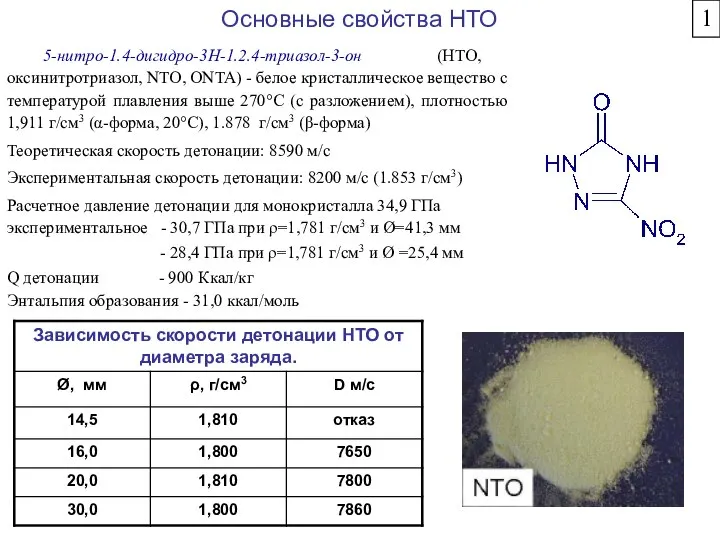 Основные свойства НТО 5-нитро-1.4-дигидро-3Н-1.2.4-триазол-3-он (НТО, оксинитротриазол, NTO, ONTA) - белое кристаллическое