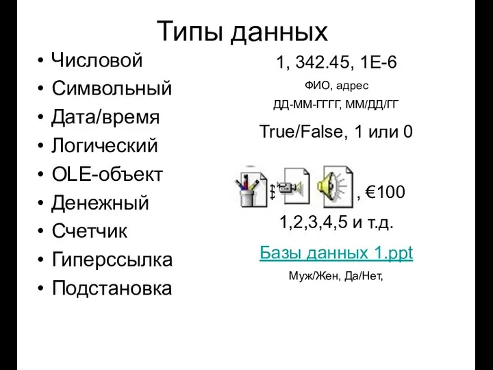 1, 342.45, 1Е-6 ФИО, адрес ДД-ММ-ГГГГ, ММ/ДД/ГГ True/False, 1 или 0