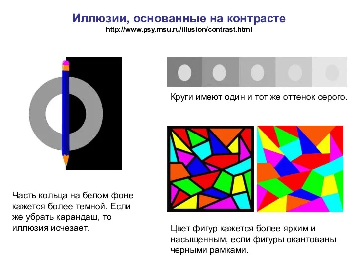 Иллюзии, основанные на контрасте http://www.psy.msu.ru/illusion/contrast.html Часть кольца на белом фоне кажется