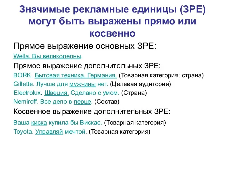 Значимые рекламные единицы (ЗРЕ) могут быть выражены прямо или косвенно Прямое