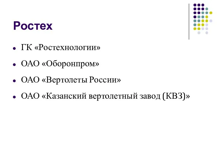 Ростех ГК «Ростехнологии» ОАО «Оборонпром» ОАО «Вертолеты России» ОАО «Казанский вертолетный завод (КВЗ)»