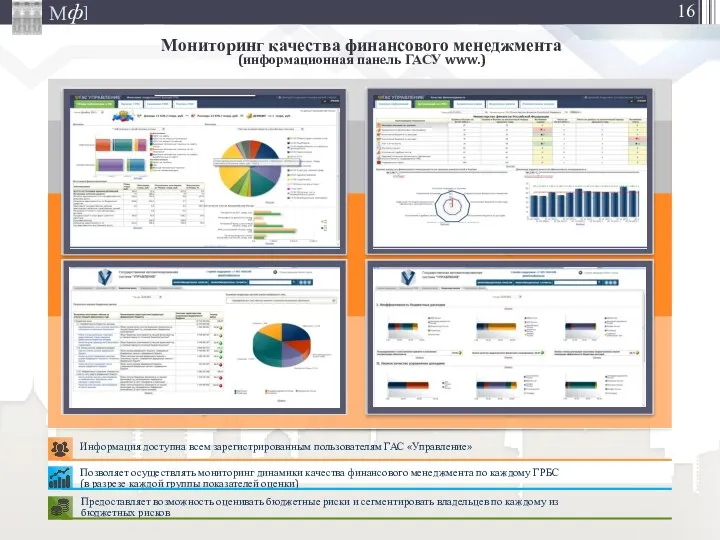 Мониторинг качества финансового менеджмента (информационная панель ГАСУ www.) Позволяет осуществлять мониторинг