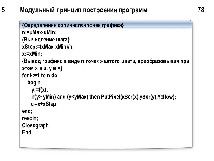 5 Модульный принцип построения программ 78 {Определение количества точек графика} n:=uMax-uMin;