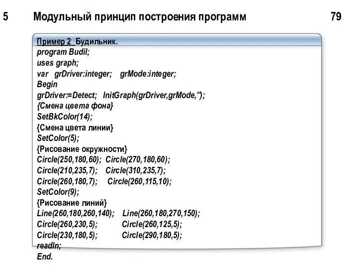 5 Модульный принцип построения программ 79 Пример 2 Будильник. program Budil;