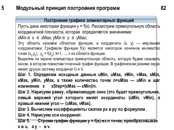 5 Модульный принцип построения программ 82 Построение графика элементарных функций Пусть