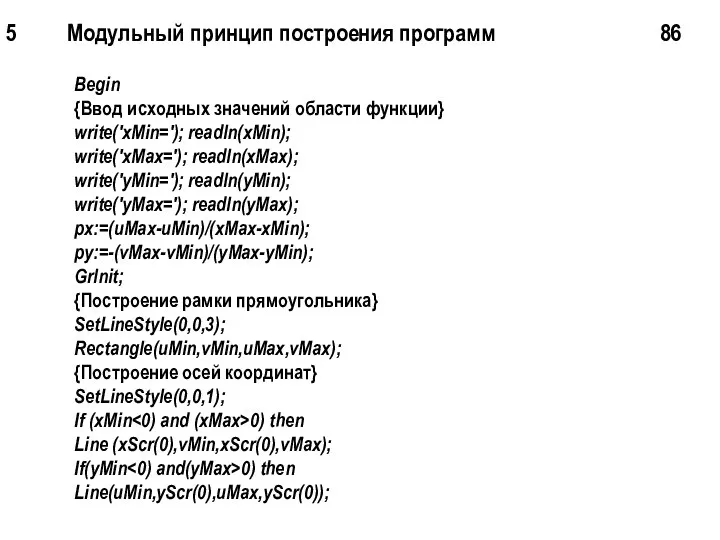 5 Модульный принцип построения программ 86 Begin {Ввод исходных значений области