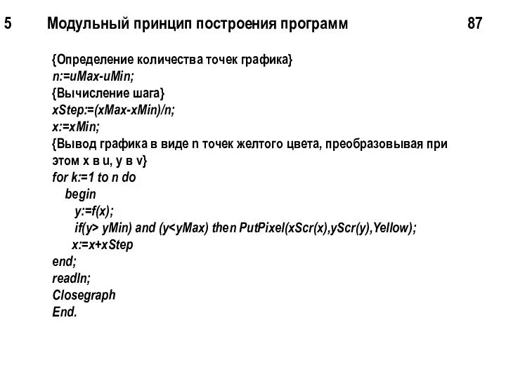 5 Модульный принцип построения программ 87 {Определение количества точек графика} n:=uMax-uMin;