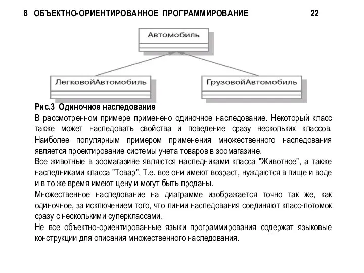 8 ОБЪЕКТНО-ОРИЕНТИРОВАННОЕ ПРОГРАММИРОВАНИЕ 22 Рис.3 Одиночное наследование В рассмотренном примере применено