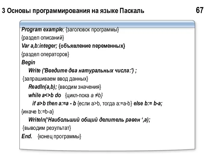 3 Основы программирования на языке Паскаль 67 Program example; {заголовок программы}