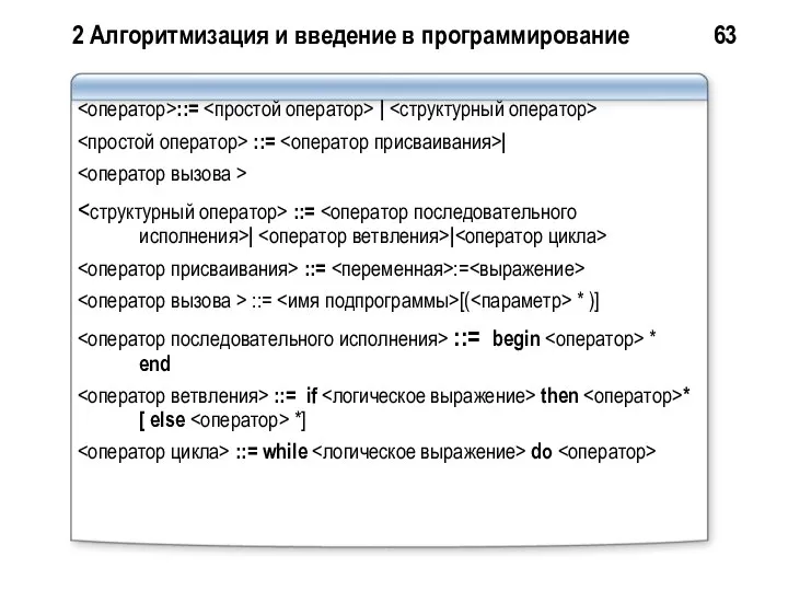 2 Алгоритмизация и введение в программирование 63 ::= | ::= |